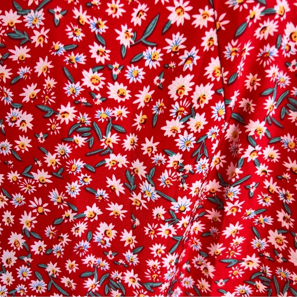 Red Ditsy Floral Ruched Ruffle Ruched Self Tie Chiffon Mini Skirt - Picture 5 of 6